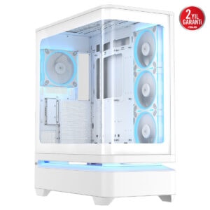 ASUS PRIME AP304 TG ARGB uyumlu beyaz mid tower oyun kasası; temperli cam yan paneli ve ön panelde ARGB fan aydınlatması ile şık tasarım.