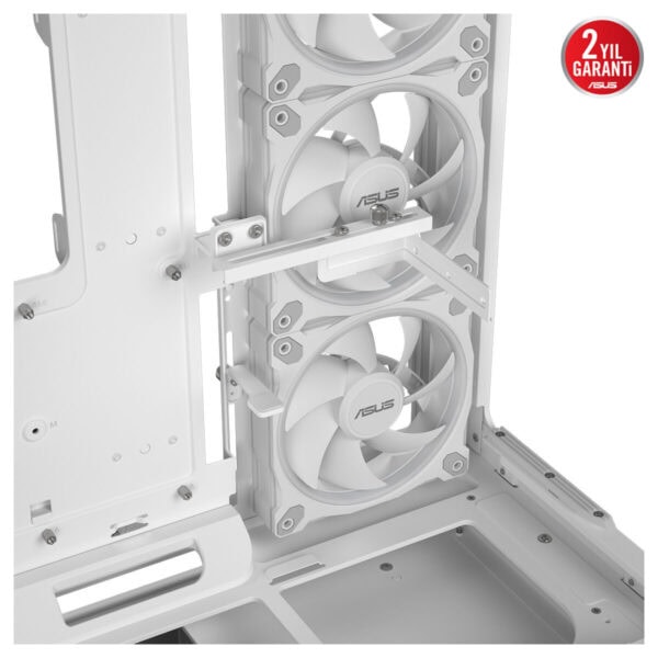 ASUS PRIME AP304 TG ARGB uyumlu mid tower beyaz kasa içindeki çoklu fanlar ve temperli cam paneli, USB 3.2 desteği ile soğutma odaklı tasarım.