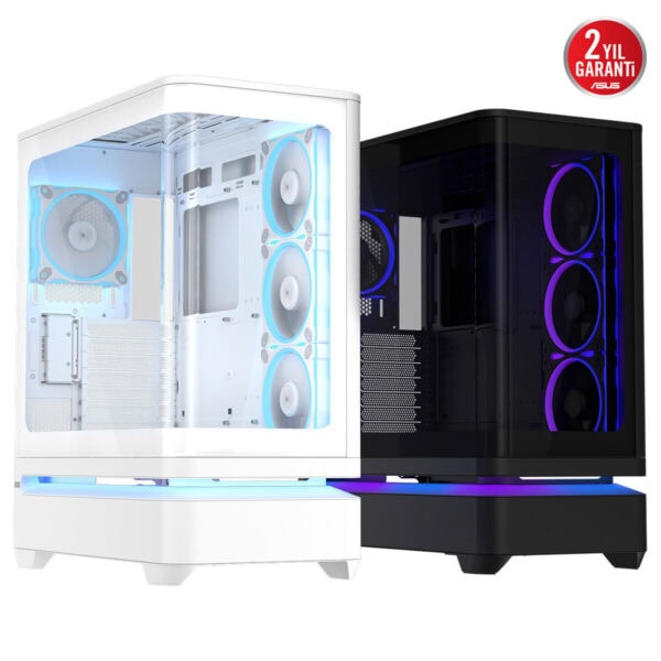 ASUS PRIME AP304 TG ARGB uyumlu beyaz/koyu siyah cam görünümlü mid tower bilgisayar kasası, ARGB aydınlatmalı fanlar ve temperli cam yan panelle öne çıkar.