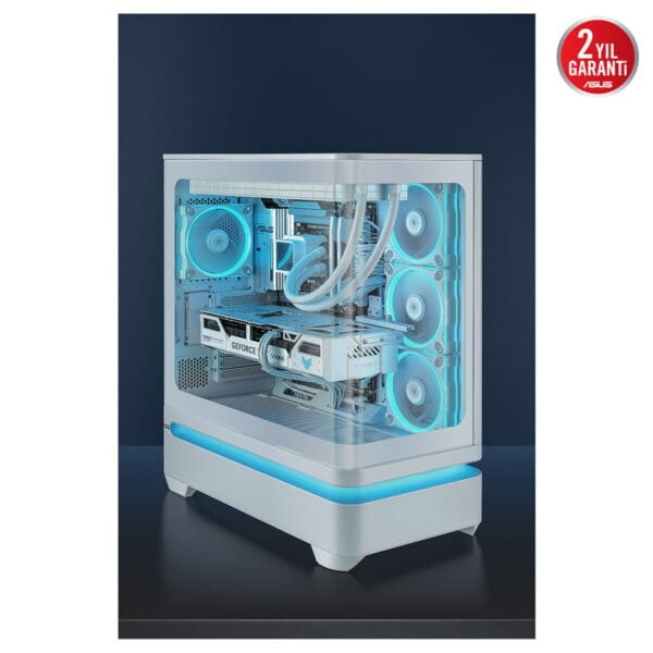 ASUS PRIME AP304 TG ARGB su soğutmalı beyaz mid tower oyun kasası, temperli cam panel ve USB 3.2 desteği ile şeffaf iç mekan aydınlatması, 2 yıl garanti.