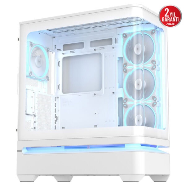 ASUS PRIME AP304 TG ARGB kapalı oyun kasası temiz beyaz tasarım, temperli cam yan paneli ve ARGB soğutma fanlarıyla USB 3.2 destekli mid tower.