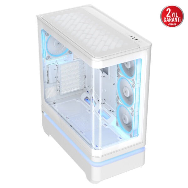 ASUS PRIME ARGB Mid Tower beyaz kasa için temperli cam ön panel ve mavi arka aydınlatmalı iç ızgaralı bilgisayar kasası.