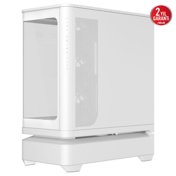 ASUS PRIME AP304 TG ARGB Camlı Kavisli Temperli Cam USB 3.2 Mid Tower Beyaz ATX Gaming Kasa, yan paneli şeffaf CRT görünüm ve ARGB aydınlatmalı iç görünüm.