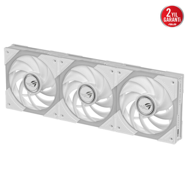 ASUS ROG Eurux GR120 ARGB 120mm beyaz kasa fanı üçlü sürümü, şeffaf beyaz çerçeve ve ARGB aydınlatma ile yüksek hava akışı sağlayan bilgisayar kasası soğutucusu.