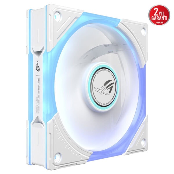 ASUS ROG Eurux GR120 ARGB beyaz kasa fanı, LED ışıklandırmalı soğutma fanı, 120mm boyutunda, beyaz kasaya uygun ARGB aydınlatma etkisi.