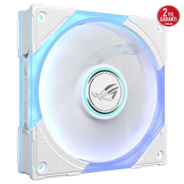 ASUS ROG Eurux GR120 ARGB beyaz kasa fanı, LED aydınlatmalı 120mm arka planlı soğutma fanı, 2 yıl garanti simgesini içeren şık beyaz tasarım.
