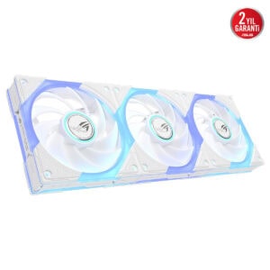 ASUS ROG Eurux GR120 ARGB beyaz kasa fanı seti, üçlü RGB aydınlatmalı 120mm soğutucu, beyaz şeffaf çerçeve ve ARGB LED ışıklar.