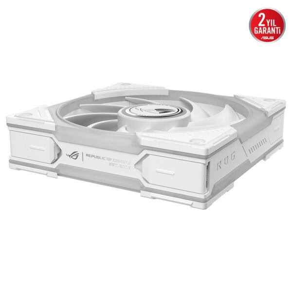 ASUS ROG beyaz kasa fanı, ARGB soğutma fanı ve 120mm boyutunda, çoklu yapılandırmalı tasarım.