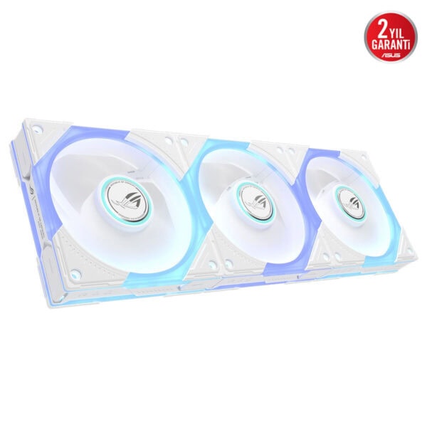 ASUS ROG Eurux GR120 ARGB üçlü beyaz kasa fanı, RGB aydınlatmalı ve yüksek hava akışı için tasarlanmış bileşenler.