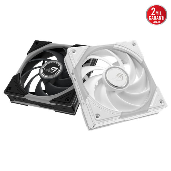 ASUS ROG Eurux GR120 ARGB beyaz ve siyah kasa fanı çift paketli görüntü, 120mm boyutunda ve ARGB aydınlatmalı tasarım.