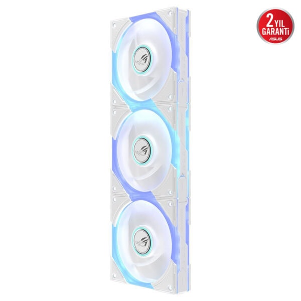 ASUS ROG Eurux GR120 ARGB 120mm beyaz kasa fanı üçlü boyutlu arka plan üzerinde RGB aydınlatmalı ve şık tasarımlı soğutucu fan seti.