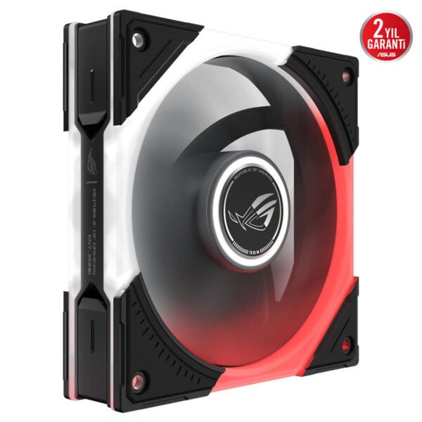 ASUS ROG Eurux GR120 ARGB 120mm Kasa Fanı - kırmızı aydınlatmalı RGB hava akımı, metalik fan merkezi ve siyah uçlar.