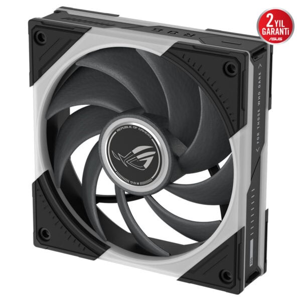 ASUS ROG Eurux GR120 ARGB 120mm kasa fanı, siyah gri renkli, LED ışıklı soğutucu, kare çerçeve ve ince yüzey detaylarıyla dikkat çeker.