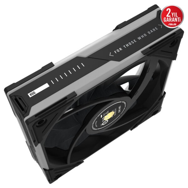 ASUS ROG Eurux GR120 ARGB 120mm kasa fanı; siyah-gümüş renkli, ARGB aydınlatmalı ve 2 yıllık garanti logosu ön planda.