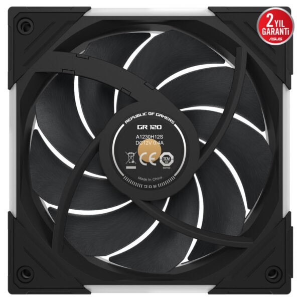 ASUS ROG Eurux GR120 ARGB 120mm kasa fanı, siyah çerçeve ve ARGB ışıklı kanatlar, çerçeve köşelerinde koruyucu plastik geçişler.