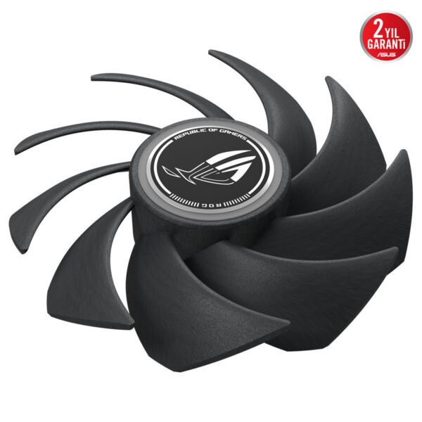 ASUS ROG Eurux GR120 ARGB 120mm kasa fanı, siyah kanatlı soğutucu adet ve 2 yıl garanti simgesine sahip.