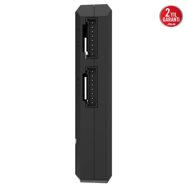 ASUS ROG Eurux GR120 ARGB 120mm üçlü kasa fanı görünümü; siyah yekpare çerçeve ve iki adet 4-pin güç/data konnektörüyle orta bölümde birleşik tasarım.