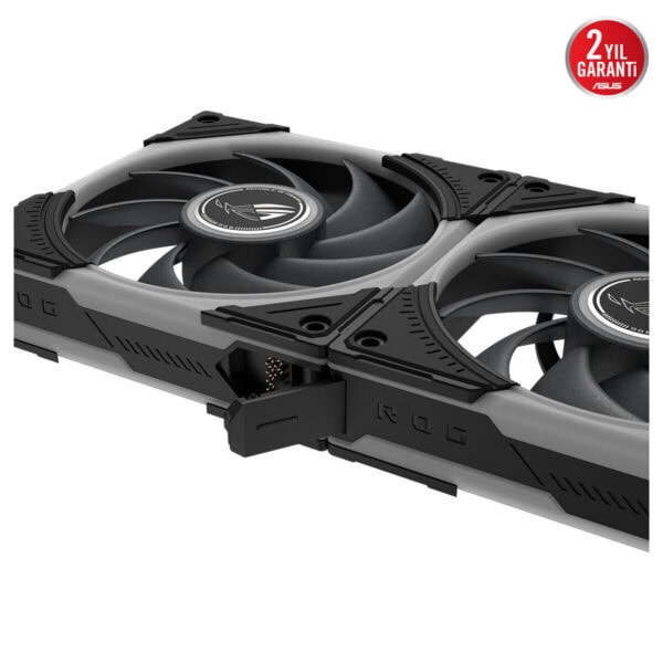 ASUS ROG Eurux GR120 ARGB 120mm üçlü kasa fanı, siyah ve gri renkli soğutma fanlarıyla dikkat çeken, RGB ARGB aydınlatmalı üçlü soğutucu fan seti.