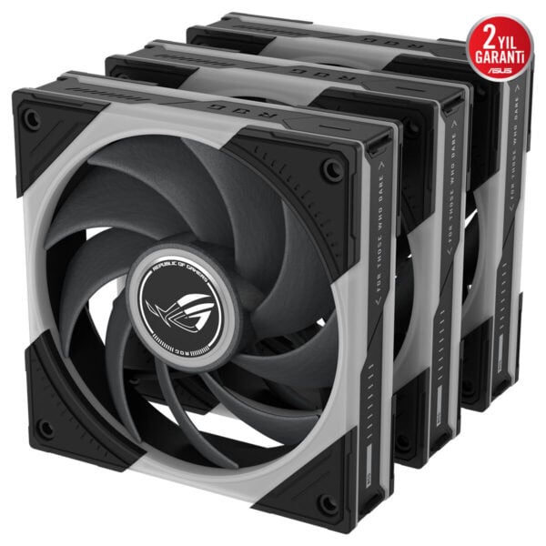 ASUS ROG Eurux GR120 ARGB 120mm üçlü kasa içi fan seti, siyah gri renkli büyük soğutma fanları ve ARGB ışıklandırma özelliğiyle kasa içi hava akışını artırır.