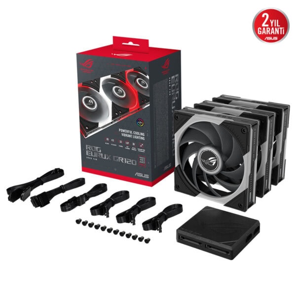 ASUS ROG Eurux GR120 ARGB 120mm 3'lü kasa fan seti, kutu içeriğiyle birlikte kırmızı ve siyah tasarım vurgusu, 3 adet radyatör fanı ve monte aksesuarları görüntüleniyor.
