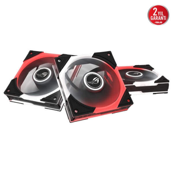 ASUS ROG Eurux GR120 ARGB 120mm 3’lü kasa fanı, kırmızı ve siyah renklerle LED aydınlatmalı soğutma fanları.