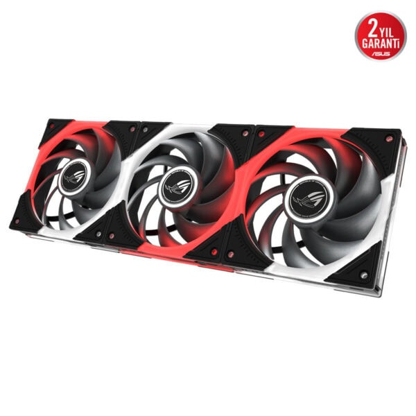 ASUS ROG Eurux GR120 ARGB 120mm üçlü kasa fanı, kırmızı siyah beyaz renklerle fırçalanmış soğutucu tasarım ve ARGB aydınlatmalı soğutma kanatları.