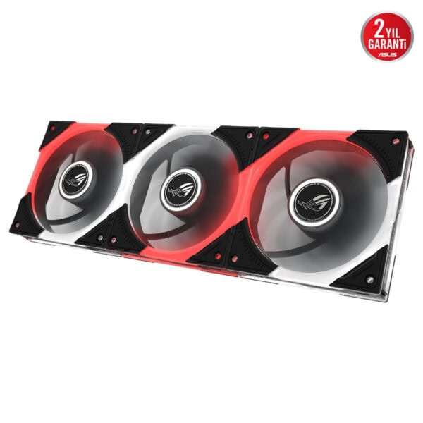 ASUS ROG Eurux GR120 ARGB 120mm üçlü kasa fanı, kırmızı ve siyah renkli RGB aydınlatmalı soğutma üçlüsü.
