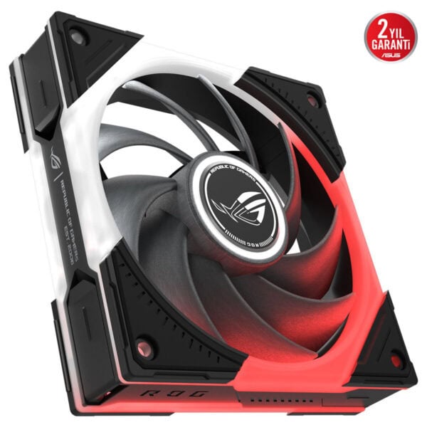 ASUS ROG EUrux GR120 ARGB 120mm üçlü kasa fanı, siyah-kırmızı renkli soğutma fanı, ortadaki ROG logo ve LED ışıklandırma etkisi.