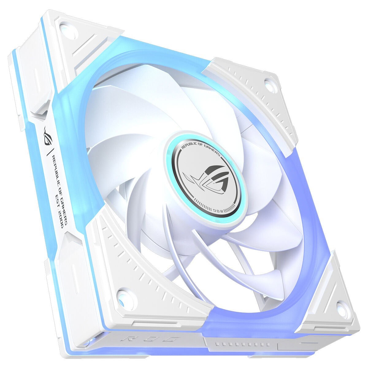 ASUS ROG Eurux GR120 ARGB Beyaz 120mm kasa fanı, beyaz ve mavi ışıklandırmalı RGB fanı, temiz gövde tasarımı ve montaj delikleriyle dikkat çekiyor.