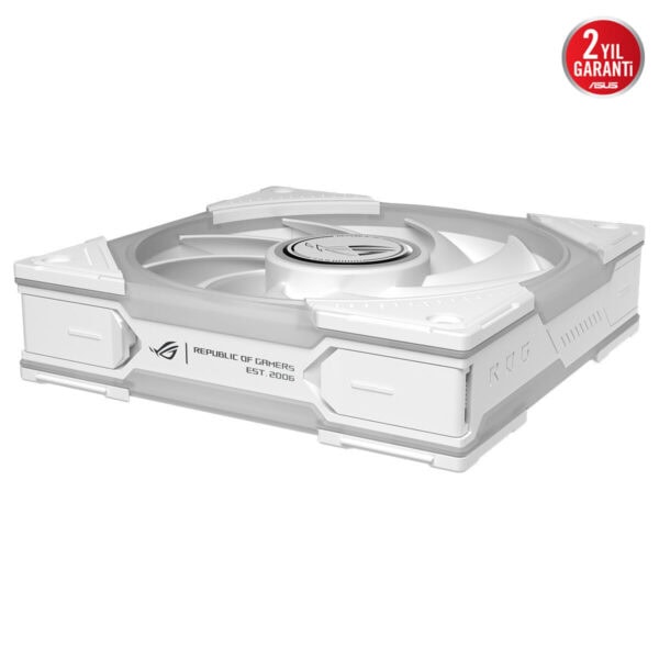 ASUS ROG Eurux GR120 ARGB beyaz 120mm kasa fanı, RGB aydınlatmalı ve oyun bilgisayarı kasası içi LCD tasarımına sahip soğutma fanı.