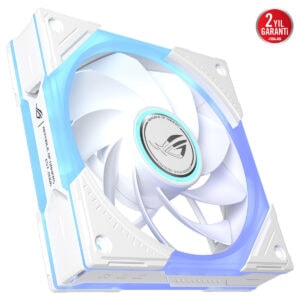 ASUS ROG Eurux GR120 ARGB Beyaz 120mm Kasa Fanı; beyaz ve mavi LED ışıklı soğutucu, kasaya uyumlu ARGB fanı, iki yıl garanti işaretiyle.