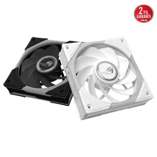 ASUS ROG Eurux GR120 ARGB beyaz ve siyah kasa fanı çift tasarım, ARGB ışıklandırmalı soğutma performansı için uygun.