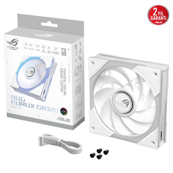 ASUS ROG Eurux GR120 ARGB Beyaz 120mm kasa fanı, kutu ve aksesuarlarıyla, temiz beyaz tasarım ve ARGB aydınlatma özelliği vurgulanıyor.
