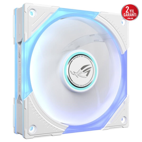 ASUS ROG Eurux GR120 ARGB Beyaz kasa fanı, beyaz ve LED mavi ışıklandırmalı 120mm fan, arka planı beyaz ışıklı ürün görseli.