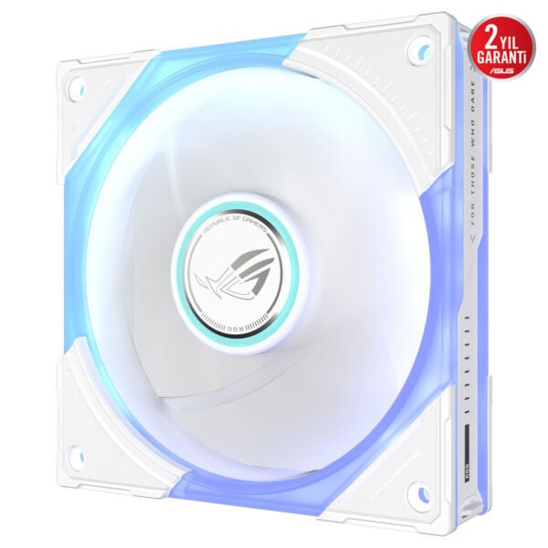 ASUS ROG Eurux GR120 ARGB Beyaz 120mm kasa fanı, beyaz ve mavi LED ışık efektleriyle şık bilgisayar kasası soğutması.
