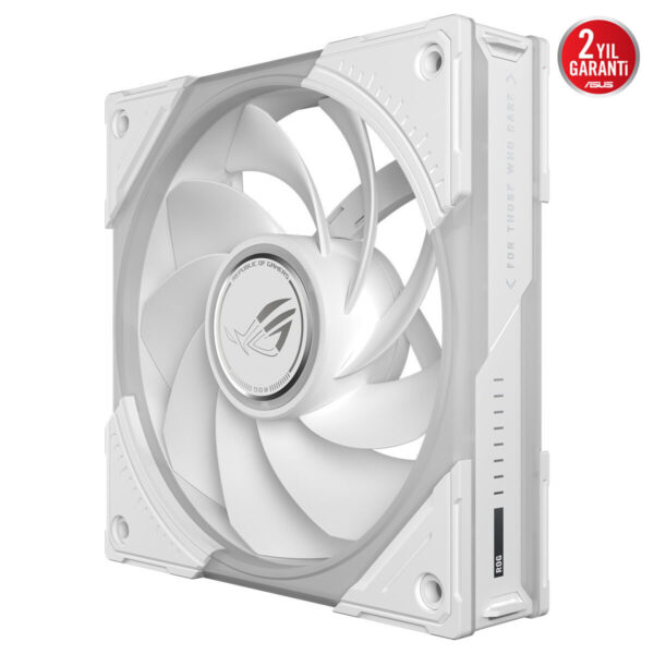 ASUS ROG Eurux GR120 ARGB Beyaz 120mm kasa fanı, beyaz renkli şık tasarım ve RGB ışıklandırma detaylarıyla bilgisayar kasası içinde yeterli hava akışı sağlar.