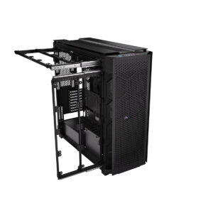 Corsair 9000D RGB AIRFLOW Mesh Temperli Cam USB 3.2 Super Tower E-ATX Gaming Kasa ile geniş iç alan ve çoklu genişleme yuvaları, siyah metalik dış yüzey ve hava akışı için delikli ön panel.