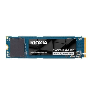 Kioxia EXCERIA BASIC 2TB NVMe PCIe 4.0 M.2 SSD kartı, mavi devre kartı üzerinde ince ve sade tasarım, EXCERIA BASIC etiketi ve 2TB kapasite vurgusu.