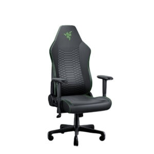 Razer Iskur oyuncu koltuğu siyah yeşil dikişli tasarım, 2D kolçaklar ve bel desteğine sahip ofis oyun koltuğu; yüksek sırtlık ve amortisörlü mekanizma.