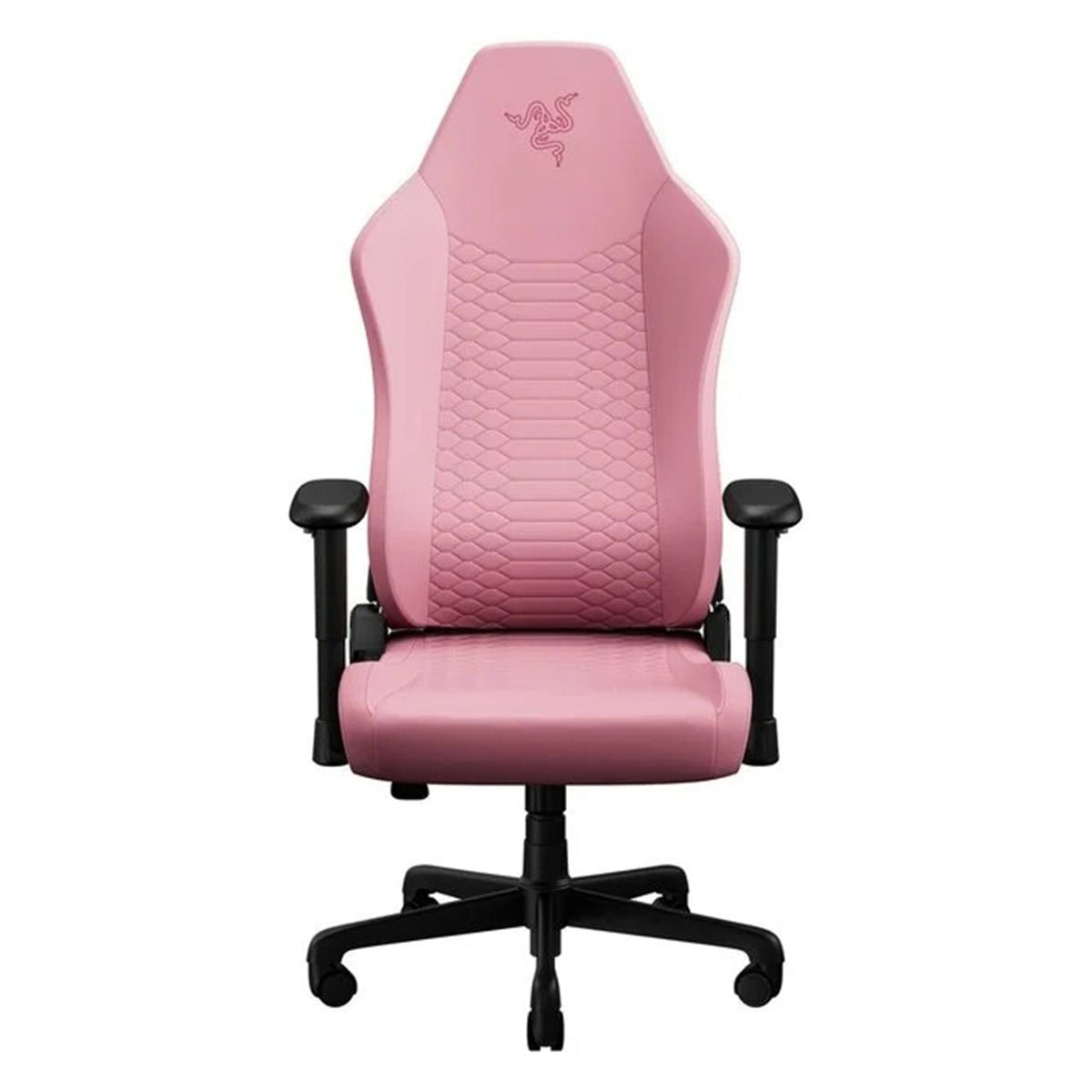 Razer Iskur V2 oyuncu koltuğu, pembe renkli ergonomik tasarım ve 2D kolçaklı ayarlanabilir sırt desteği ile dikkat çekiyor.
