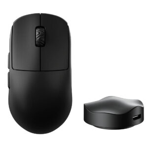 Scyrox V8S Siyah Kablosuz Gaming Mouse ile beraber gelen alıcı/dock, ergonomic tasarımlı siyah oyun faresi ve kompakt USB şarj istasyonu.