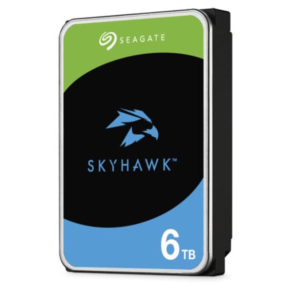 Seagate SkyHawk 6TB 3.5 inç SATA 3.0 hard disk görünümü, yeşil- mavi tasarım, ön yüzünde SkyHawk ve 6TB belirtimi.